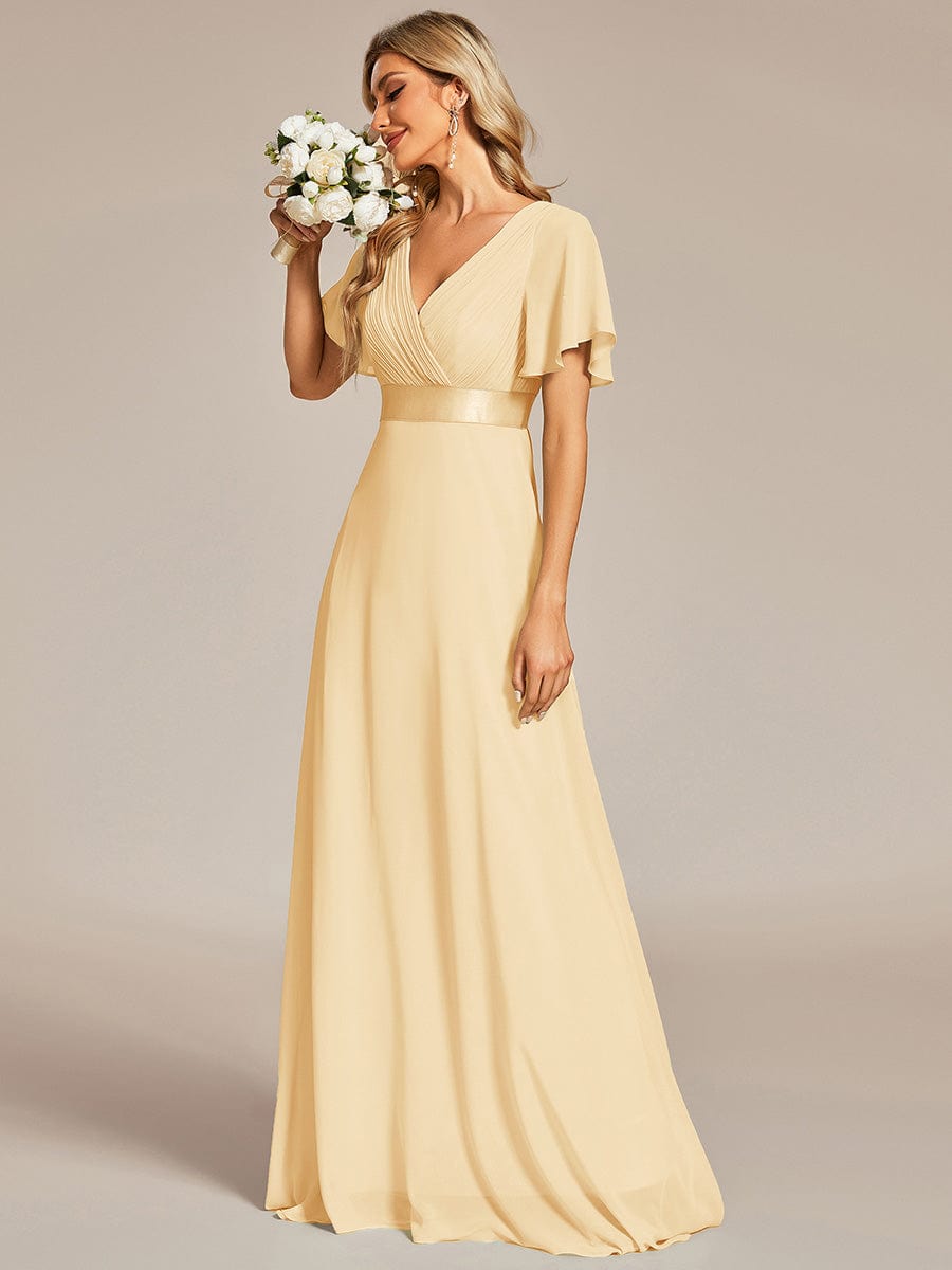 Long Chiffon Empire Waist Bridesmaid Dress with Short Flutter Sleeves #color_Yellow