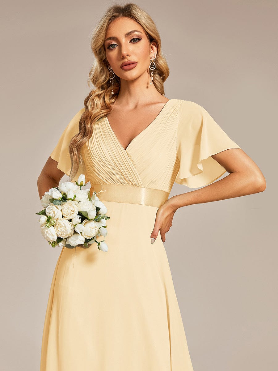Long Chiffon Empire Waist Bridesmaid Dress with Short Flutter Sleeves #color_Yellow