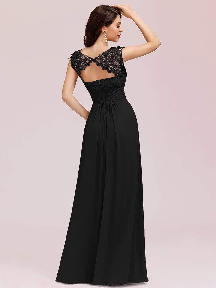 Elegant Maxi Long Lace Cap Sleeve Bridesmaid Dress #color_Black 