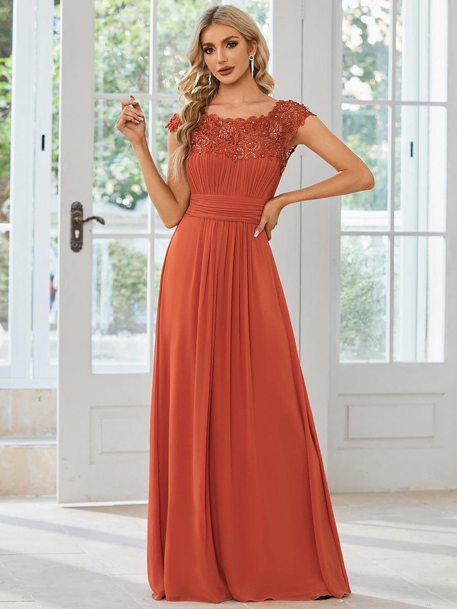 Elegant Maxi Long Lace Cap Sleeve Bridesmaid Dress #color_Burnt Orange
