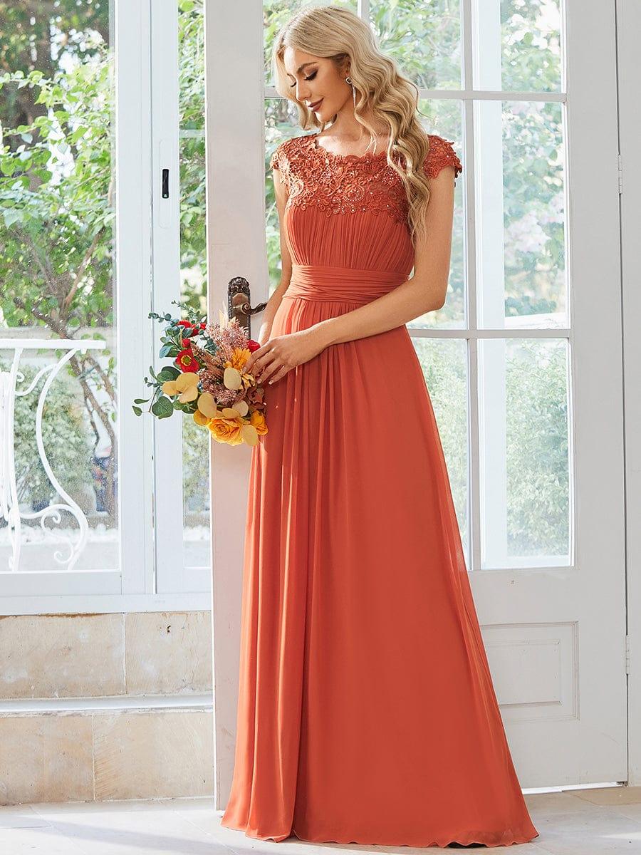 Elegant Maxi Long Lace Cap Sleeve Bridesmaid Dress #color_Burnt Orange