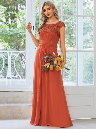 Elegant Maxi Long Lace Cap Sleeve Bridesmaid Dress #color_Burnt Orange