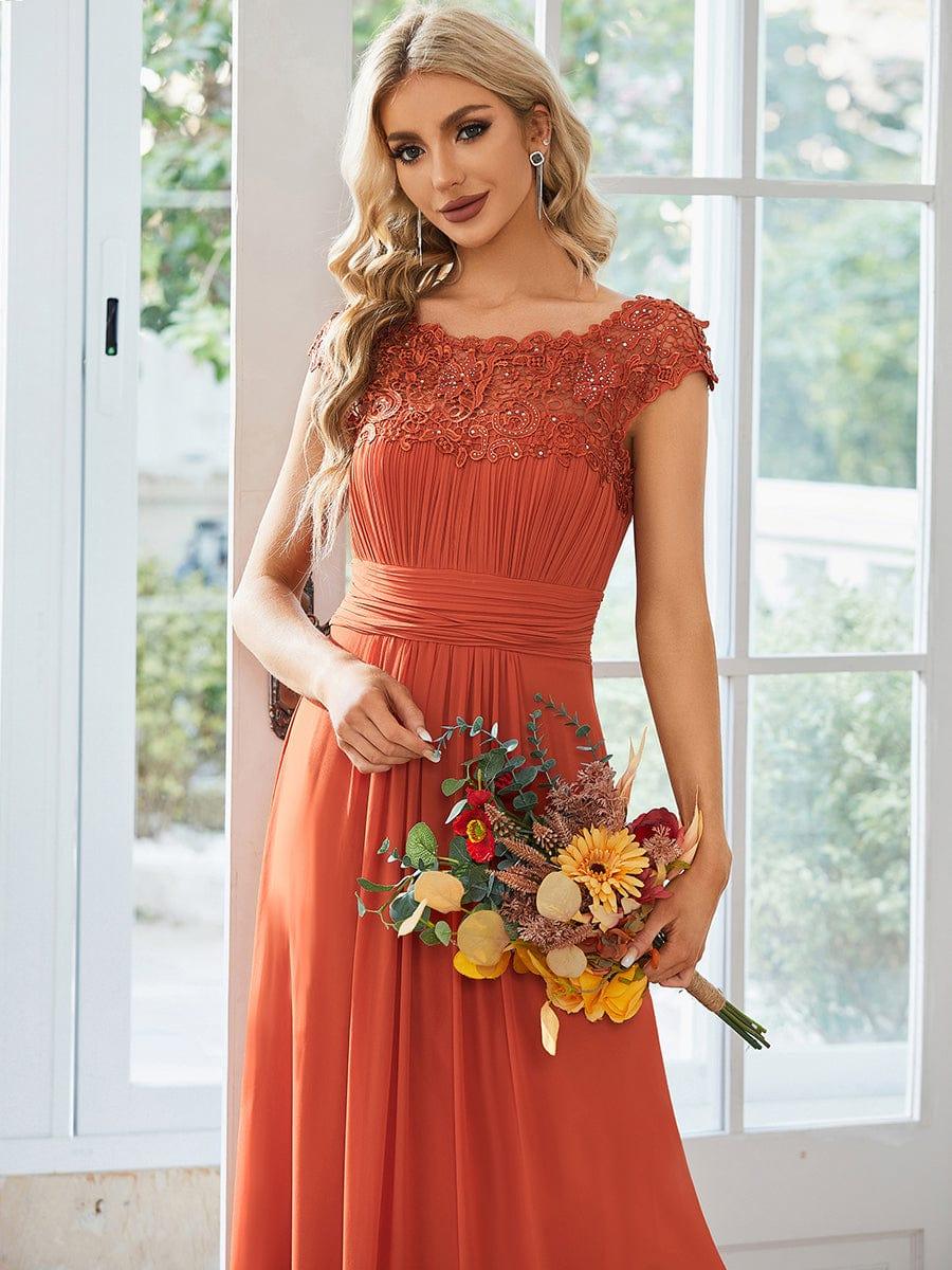 Elegant Maxi Long Lace Cap Sleeve Bridesmaid Dress #color_Burnt Orange