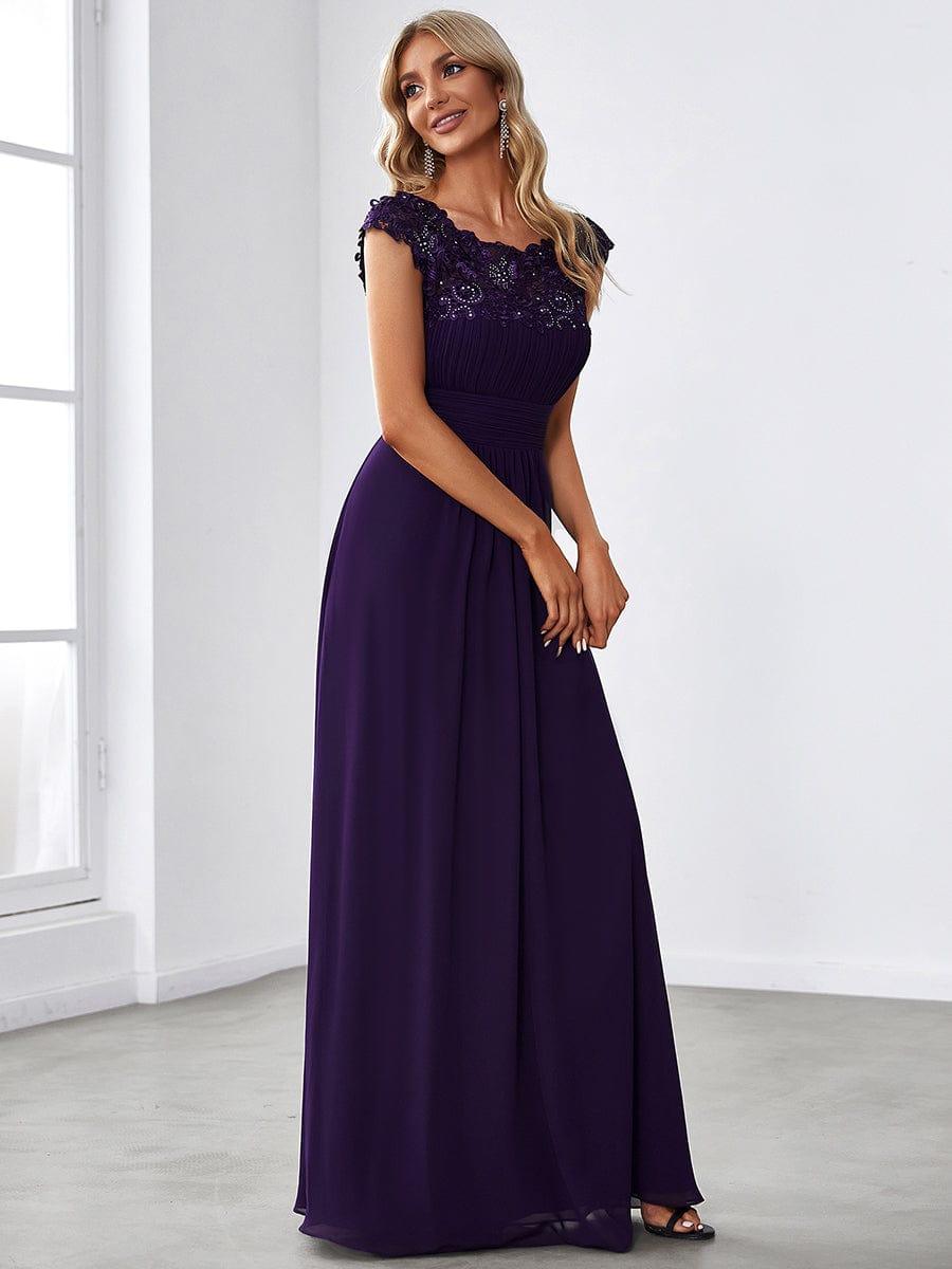 Elegant Maxi Long Lace Cap Sleeve Bridesmaid Dress #color_Dark Purple
