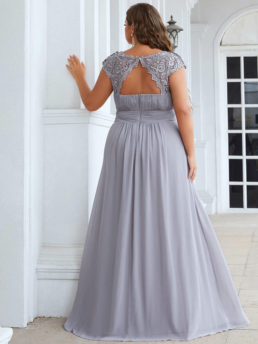 Elegant Maxi Long Lace Cap Sleeve Bridesmaid Dress #color_Grey