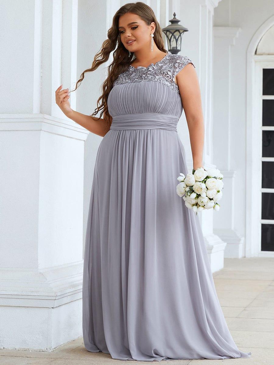 Elegant Maxi Long Lace Cap Sleeve Bridesmaid Dress #color_Grey