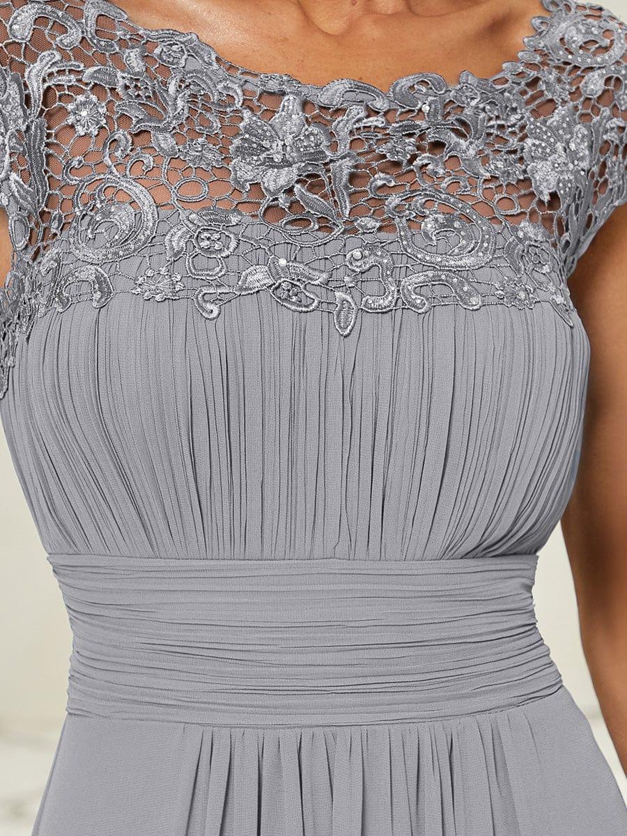 Elegant Maxi Long Lace Cap Sleeve Bridesmaid Dress #color_Grey