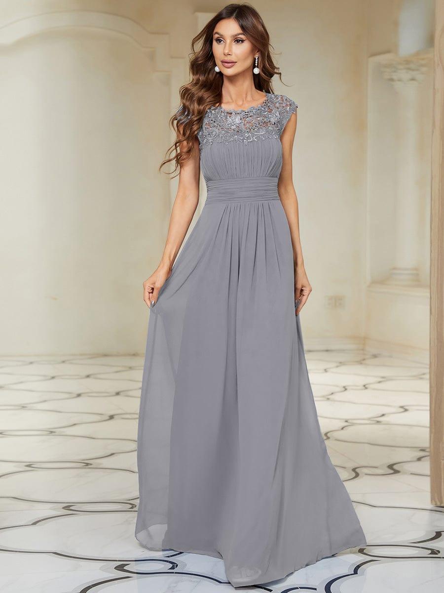 Elegant Maxi Long Lace Cap Sleeve Bridesmaid Dress #color_Grey