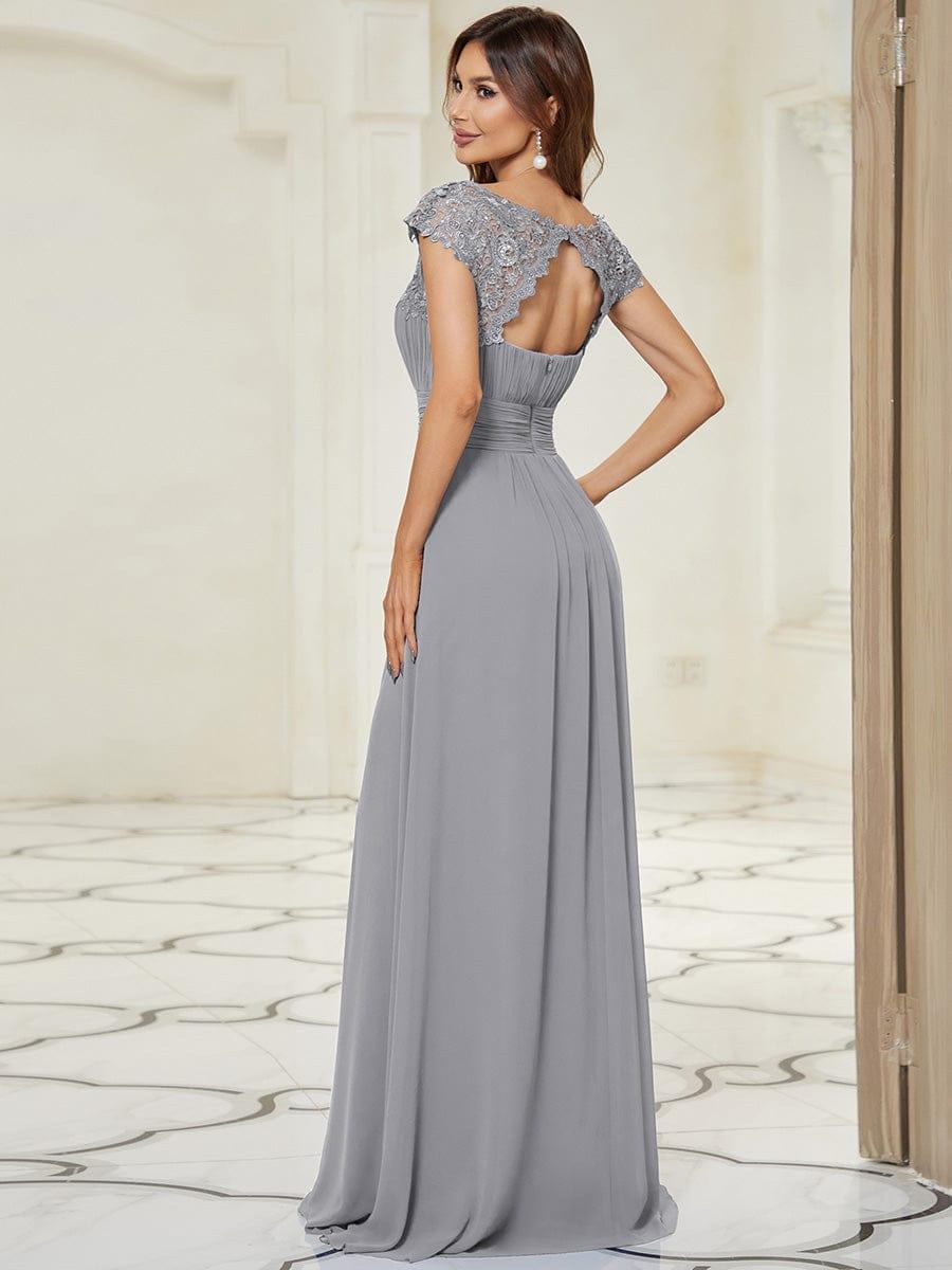 Elegant Maxi Long Lace Cap Sleeve Bridesmaid Dress #color_Grey