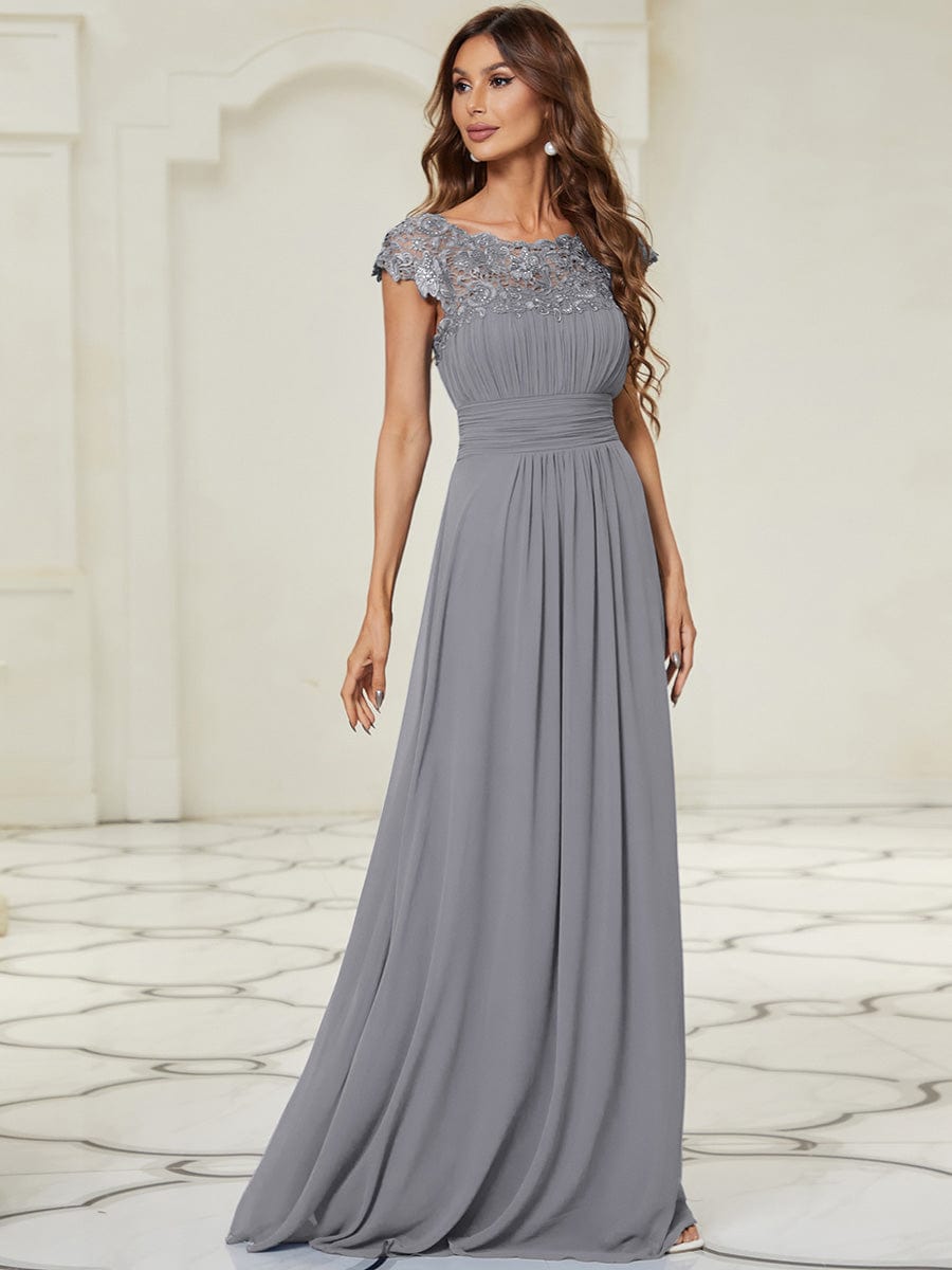 Elegant Maxi Long Lace Cap Sleeve Bridesmaid Dress #color_Grey