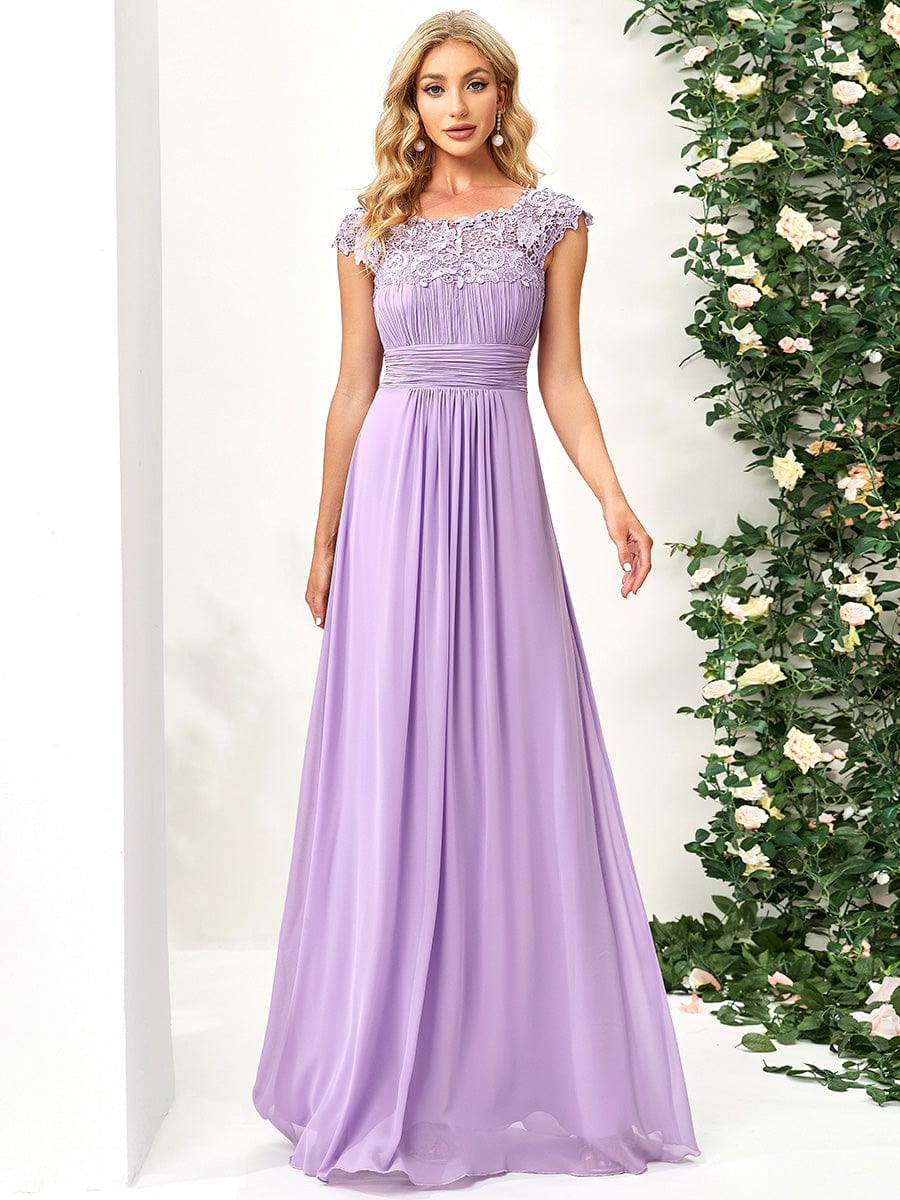 Elegant Maxi Long Lace Cap Sleeve Bridesmaid Dress #color_Lavender