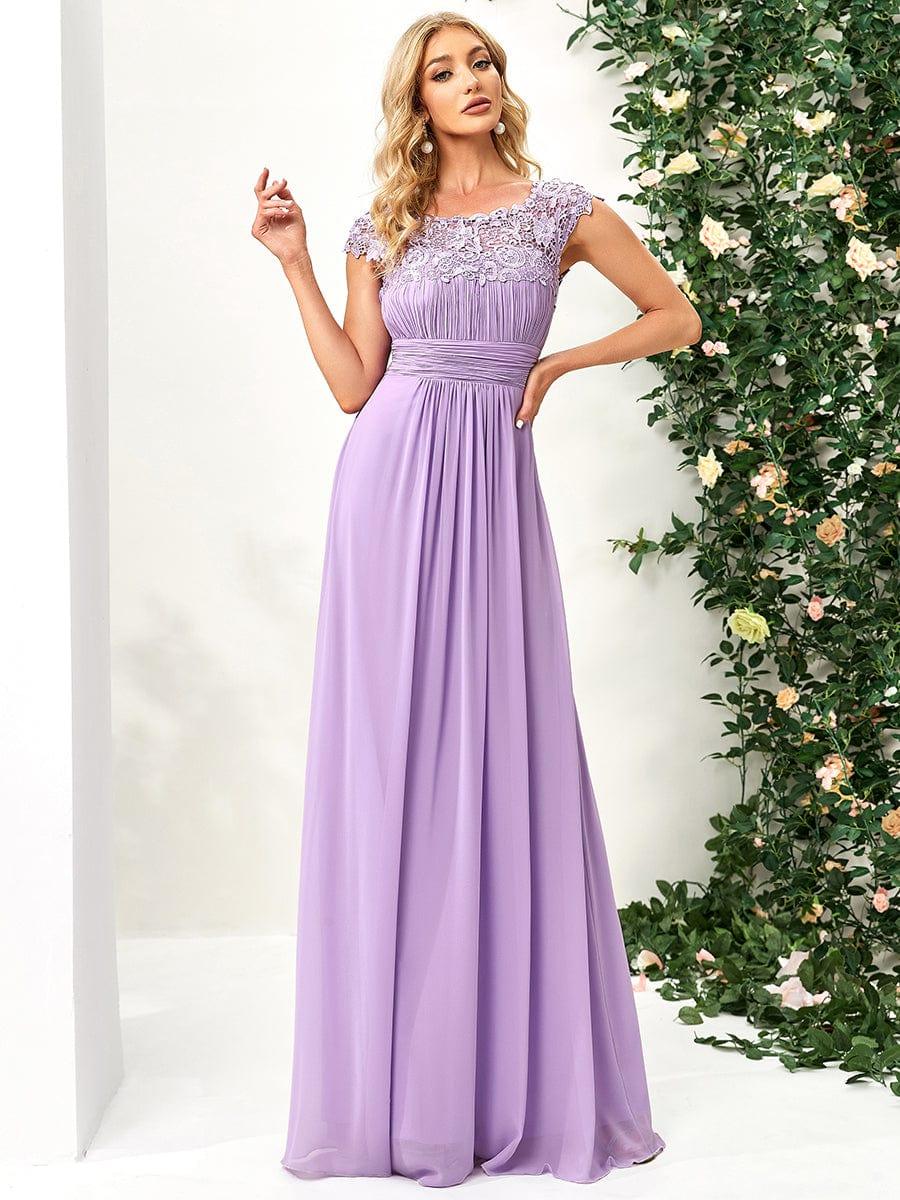 Elegant Maxi Long Lace Cap Sleeve Bridesmaid Dress #color_Lavender