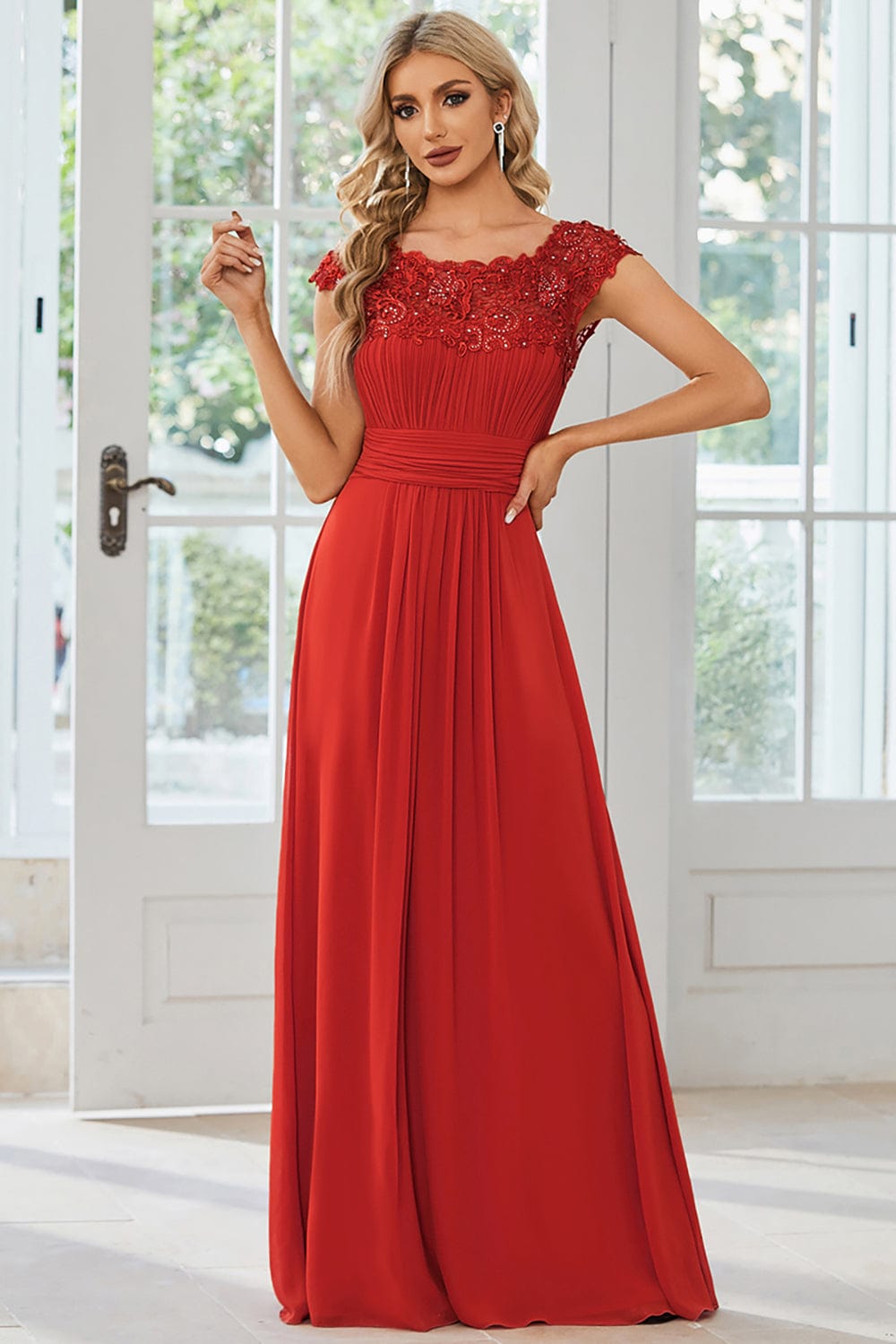 Elegant Maxi Long Lace Cap Sleeve Bridesmaid Dress #color_Red