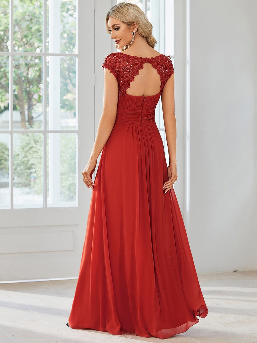 Elegant Maxi Long Lace Cap Sleeve Bridesmaid Dress #color_Red