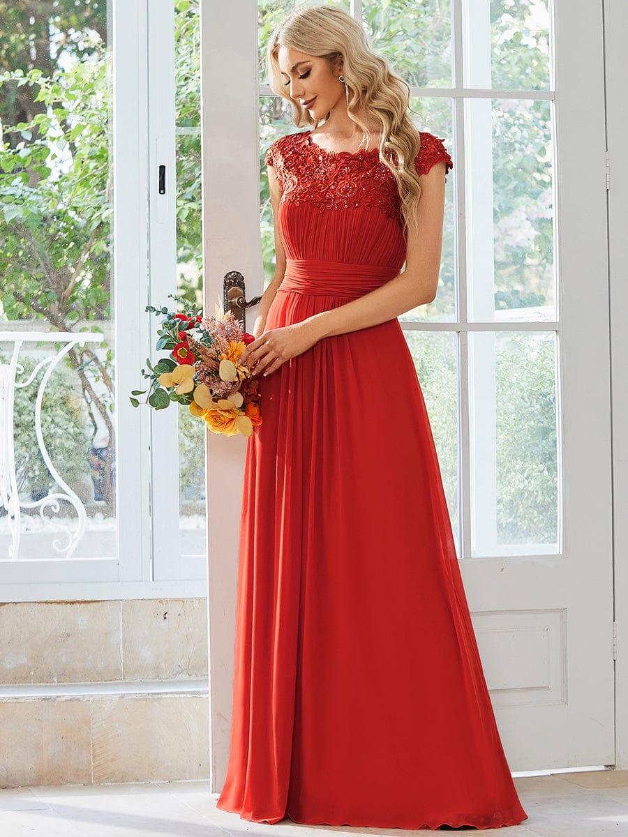 Elegant Maxi Long Lace Cap Sleeve Bridesmaid Dress #color_Red