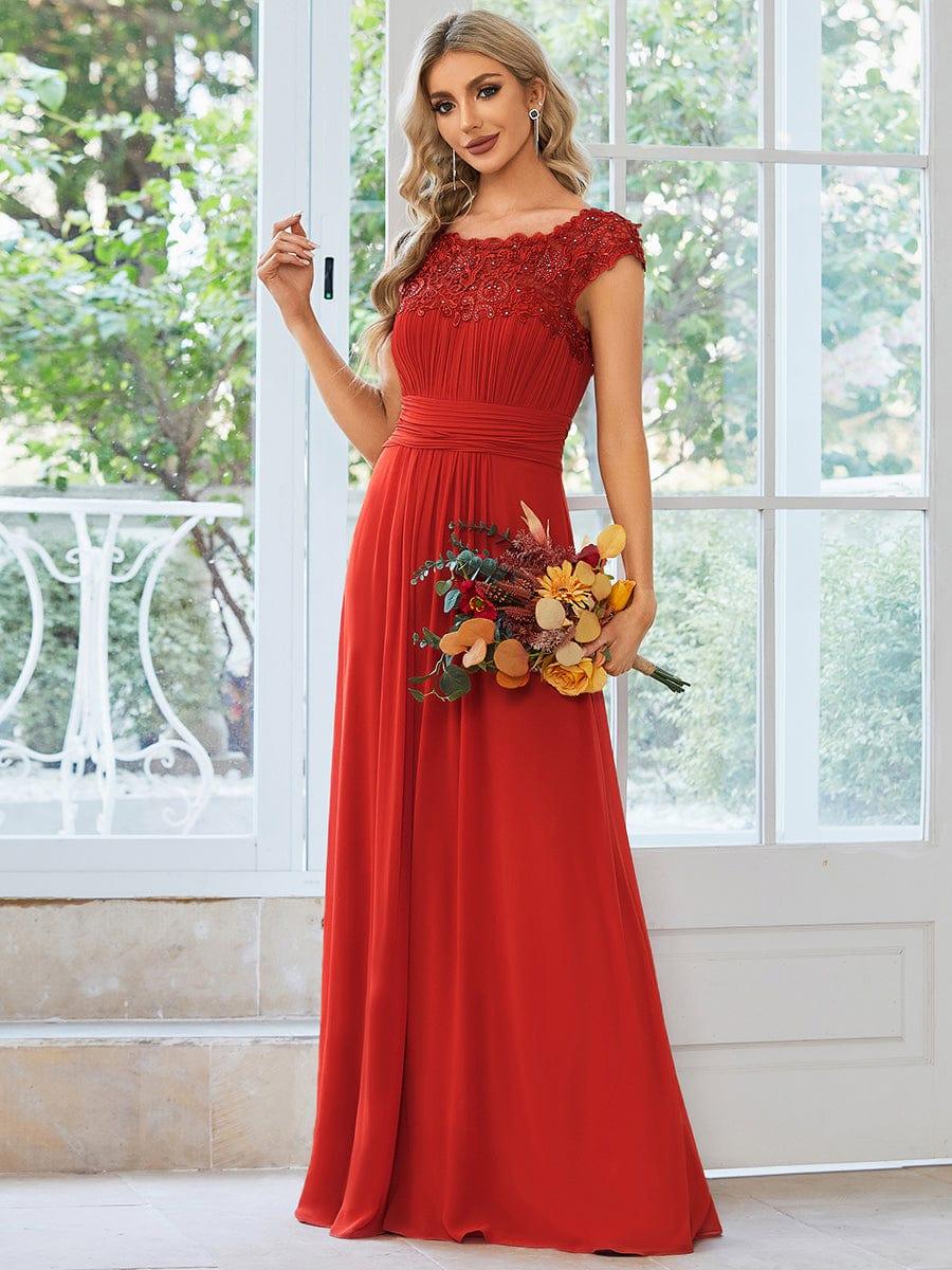 Elegant Maxi Long Lace Cap Sleeve Bridesmaid Dress #color_Red