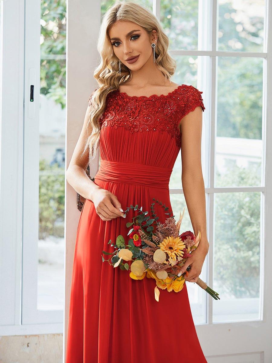 Elegant Maxi Long Lace Cap Sleeve Bridesmaid Dress #color_Red