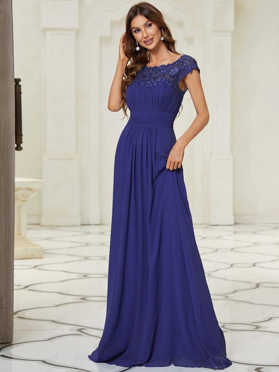 Elegant Maxi Long Lace Cap Sleeve Bridesmaid Dress #color_Sapphire Blue
