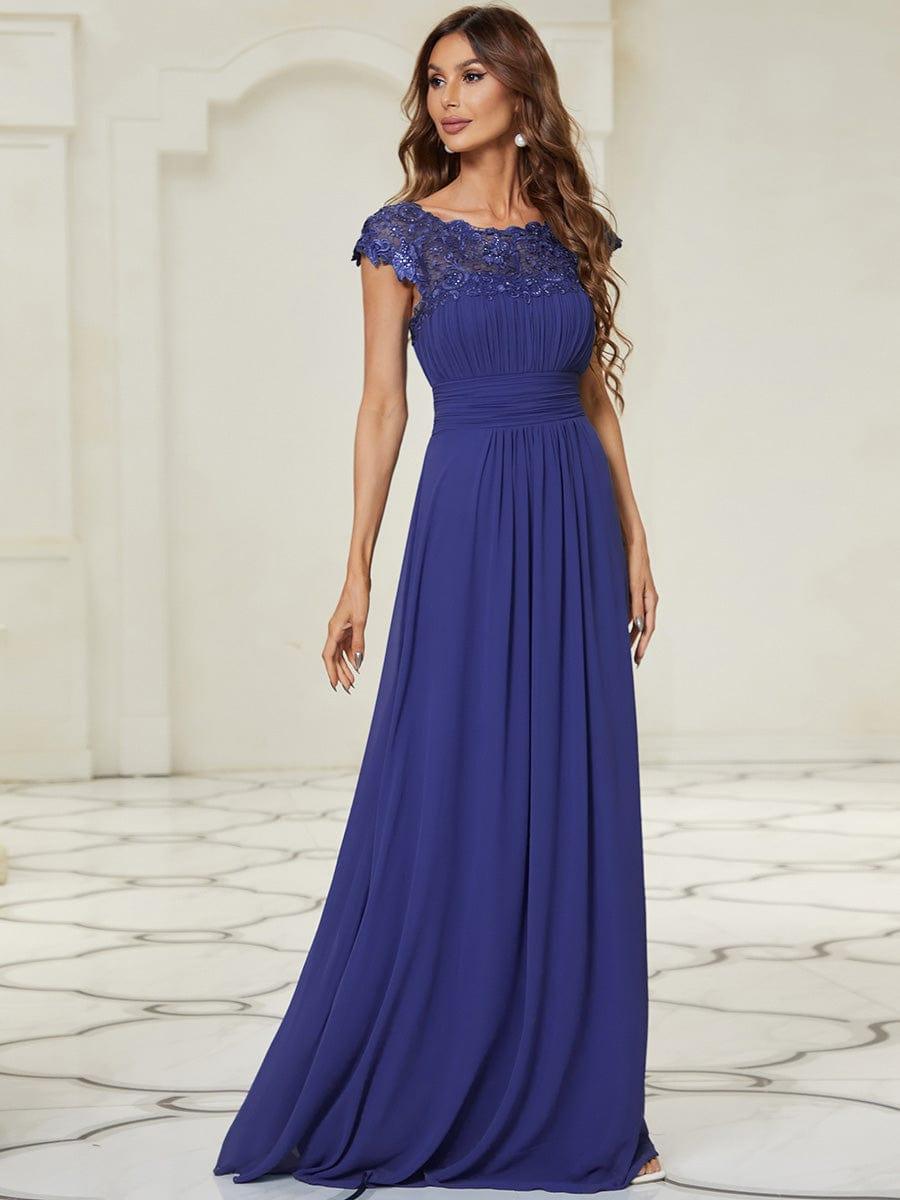 Elegant Maxi Long Lace Cap Sleeve Bridesmaid Dress #color_Sapphire Blue