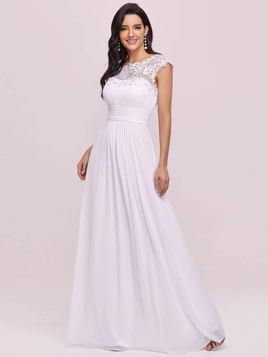 Elegant Maxi Long Lace Cap Sleeve Bridesmaid Dress #color_White