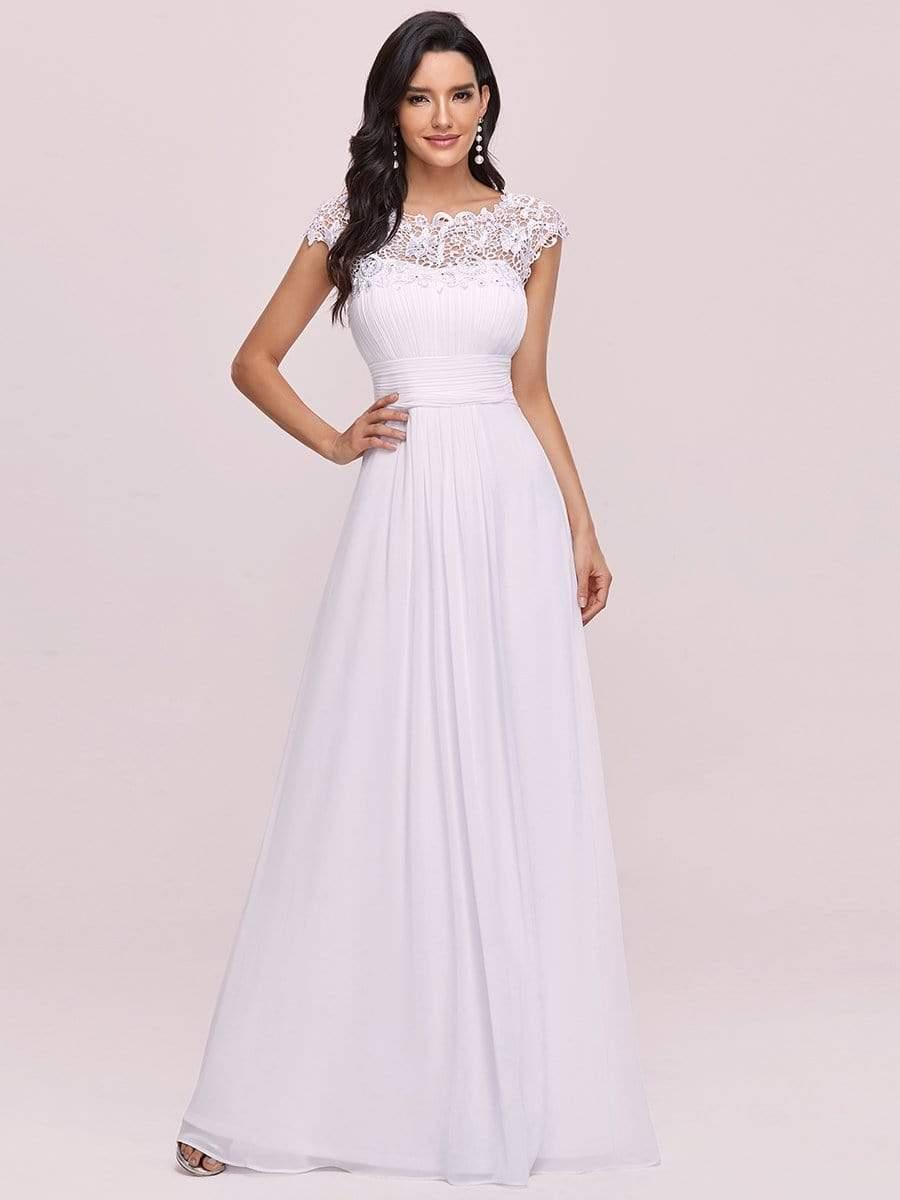 Elegant Maxi Long Lace Cap Sleeve Bridesmaid Dress #color_White