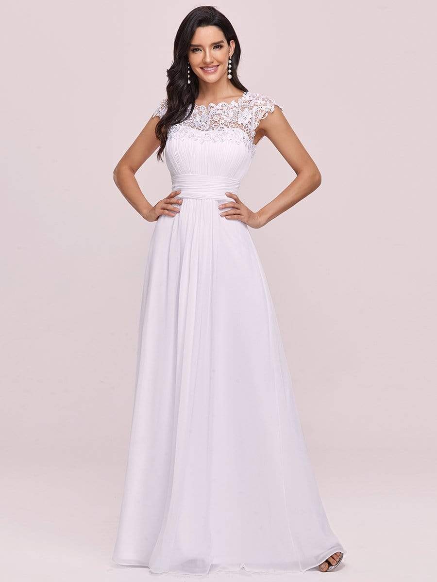 Elegant Maxi Long Lace Cap Sleeve Bridesmaid Dress #color_White