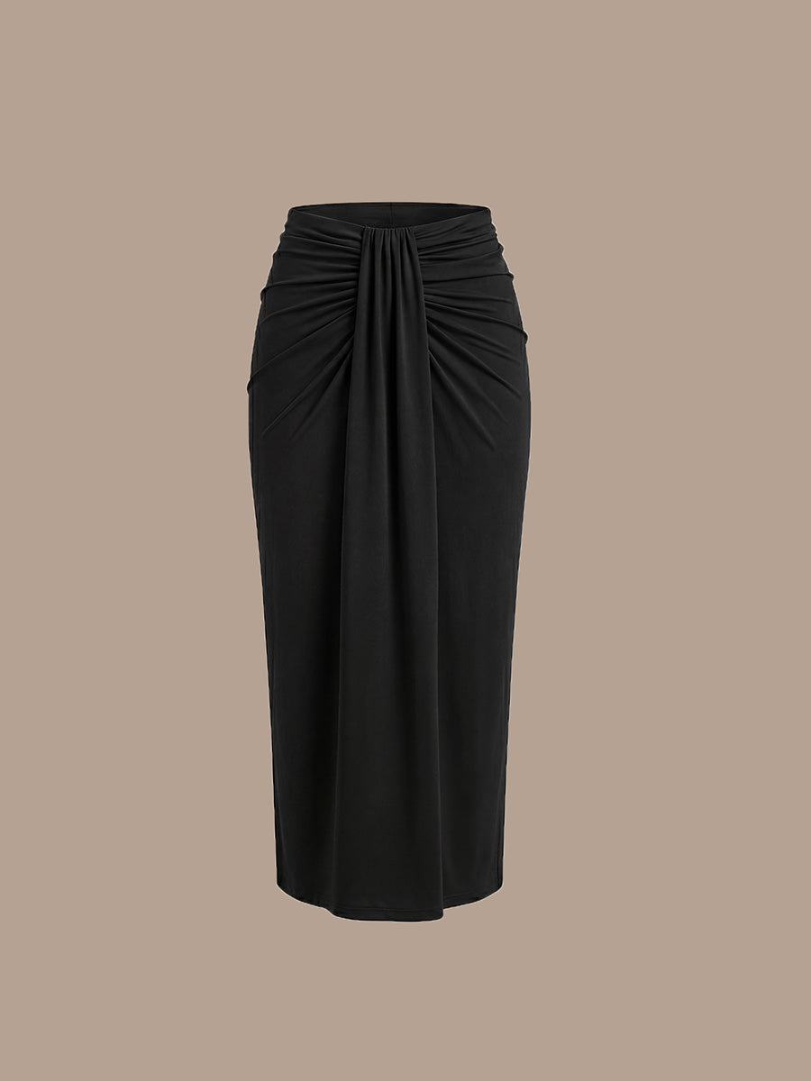 Knit Bodycon Midi Length Skirts #color_Black