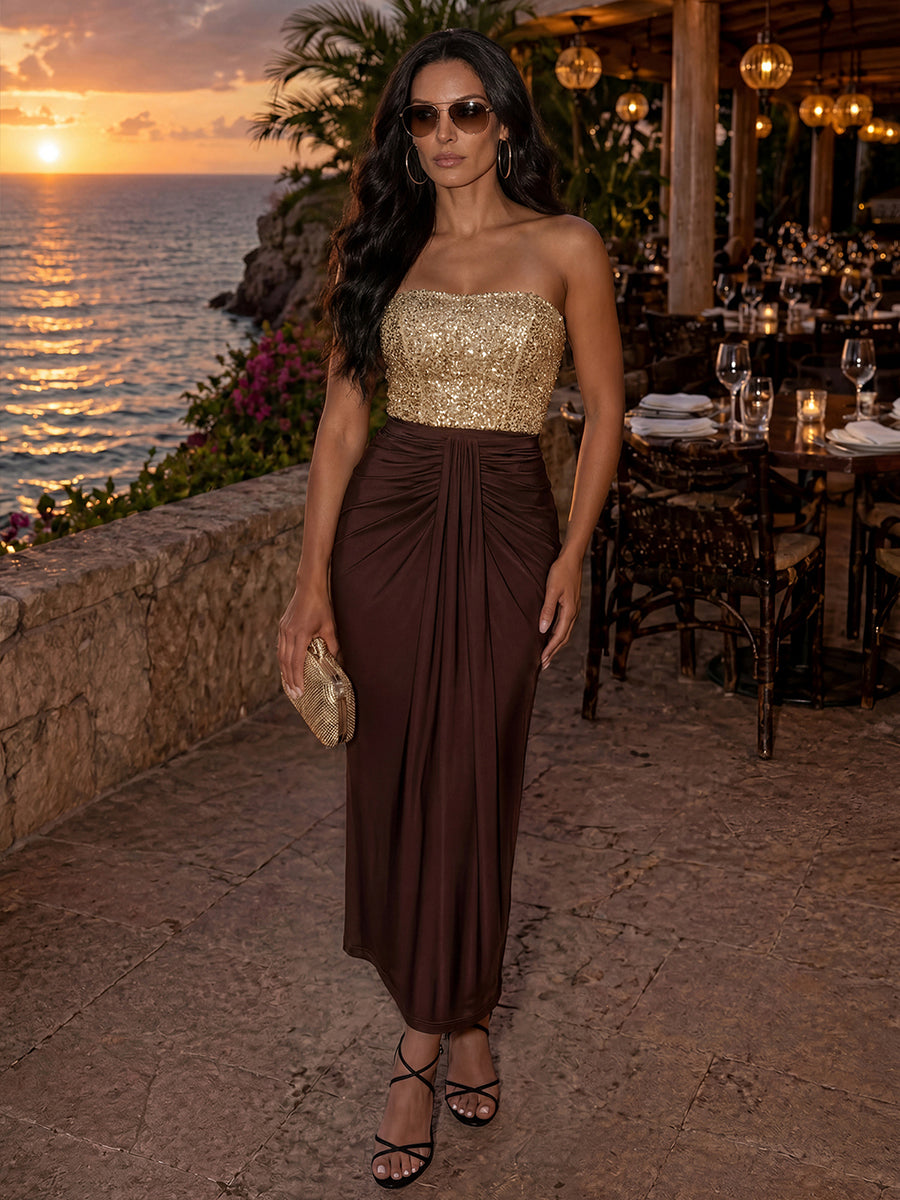 Knit Bodycon Midi Length Skirts #color_Chocolate Brown