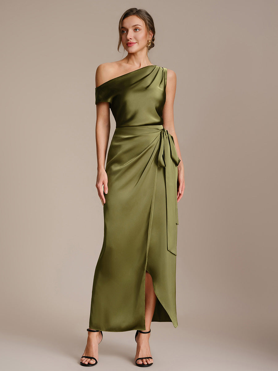 Slit Satin Sheath Skirts #color_Olive Green