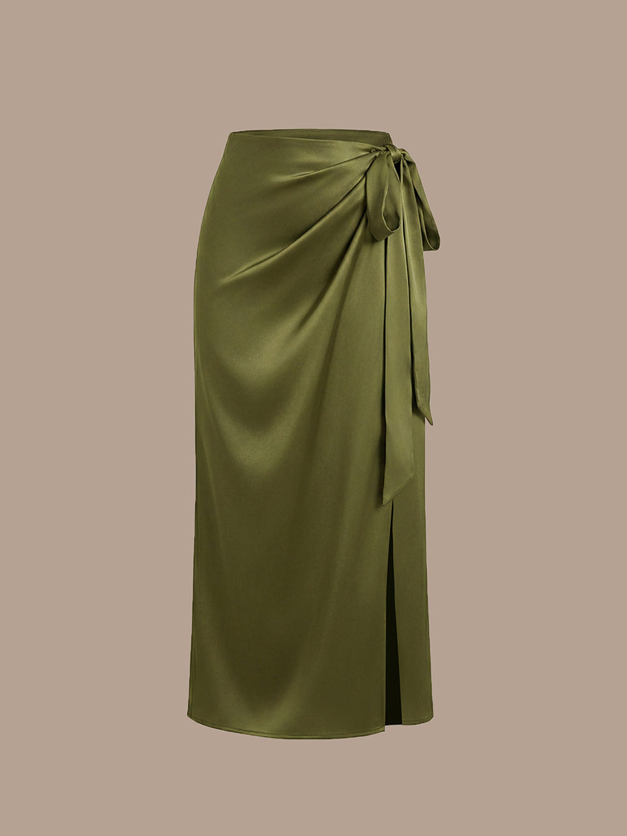 Slit Satin Sheath Skirts #color_Olive Green