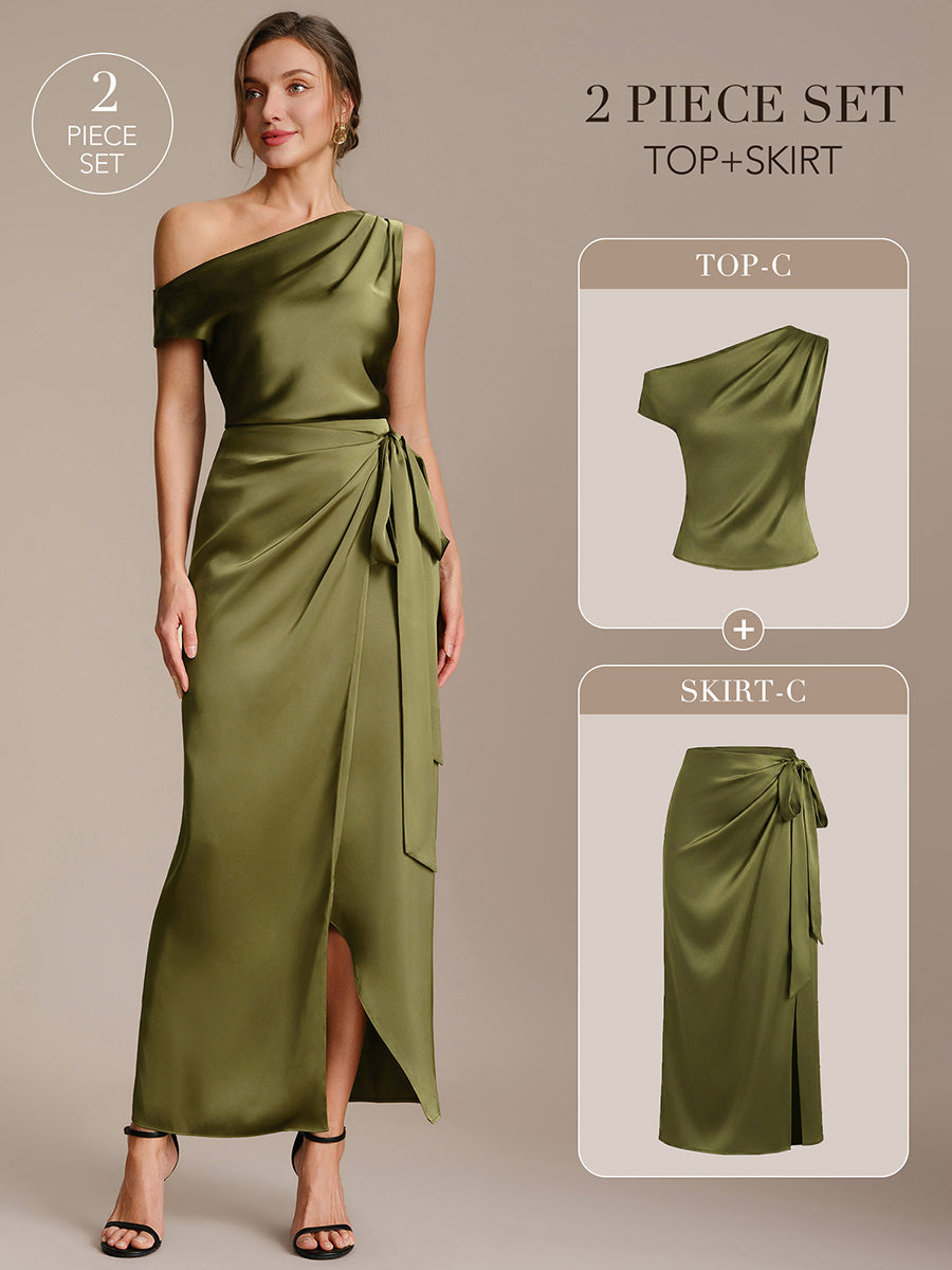 Slit Satin Sheath Skirts #color_Olive Green