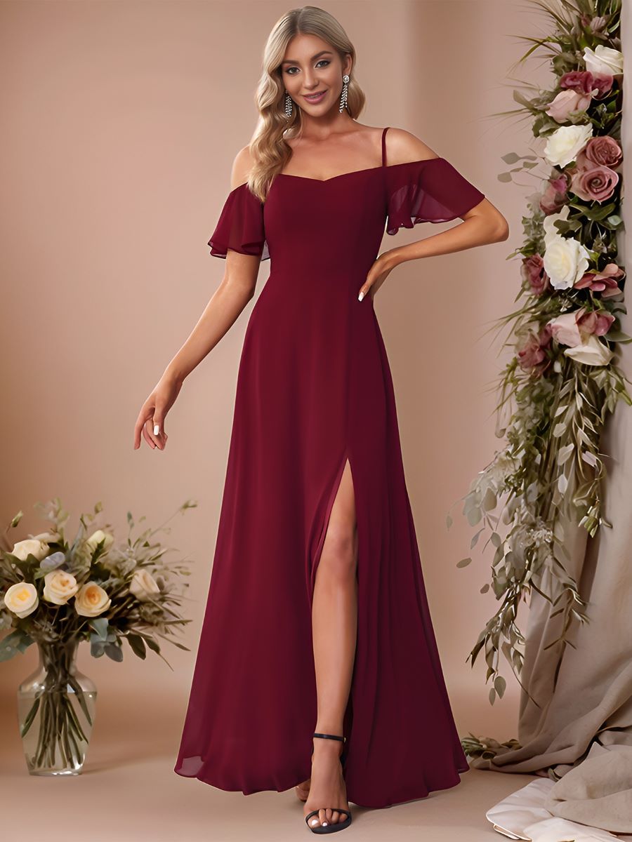 Stylish Cold Shoulder Flare Sleeves Flowy Bridesmaid Dress #color_Burgundy
