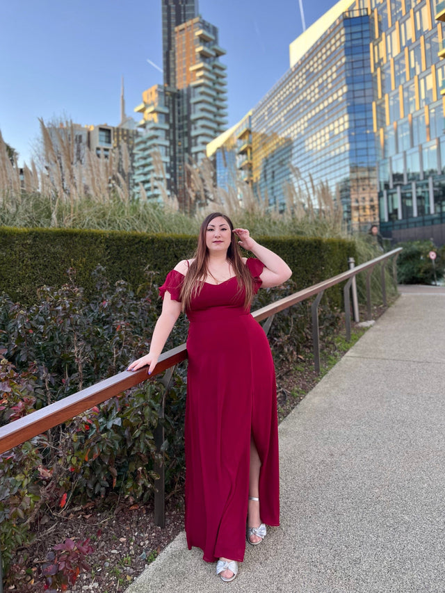 pretty REYA|Plus Size Cold Shoulder Formal Bridesmaid Dress with Side Slit Fan Photos 2
