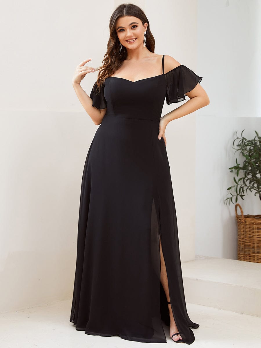 Plus Size Cold Shoulder Formal Bridesmaid Dress with Side Slit #color_Black 