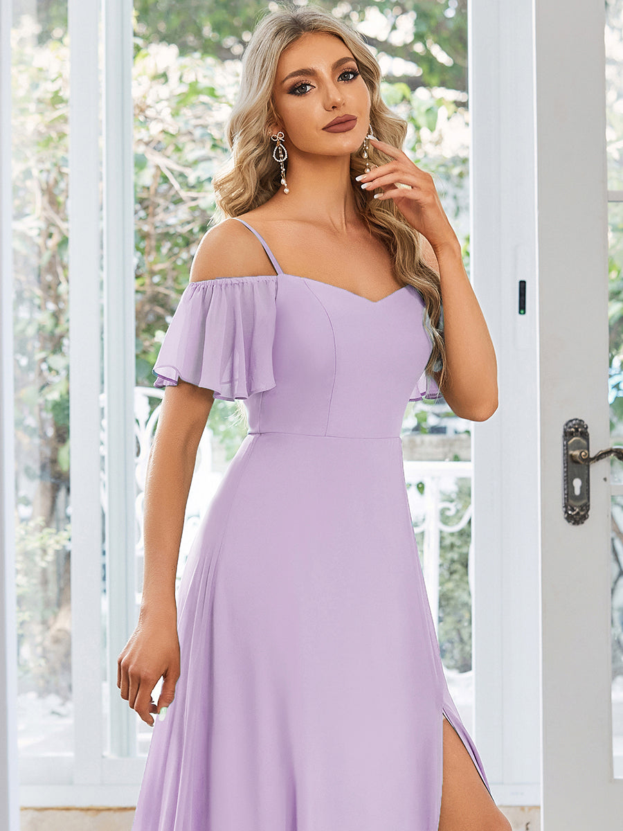 Stylish Cold Shoulder Flare Sleeves Flowy Bridesmaid Dress #color_Frosted Lilac