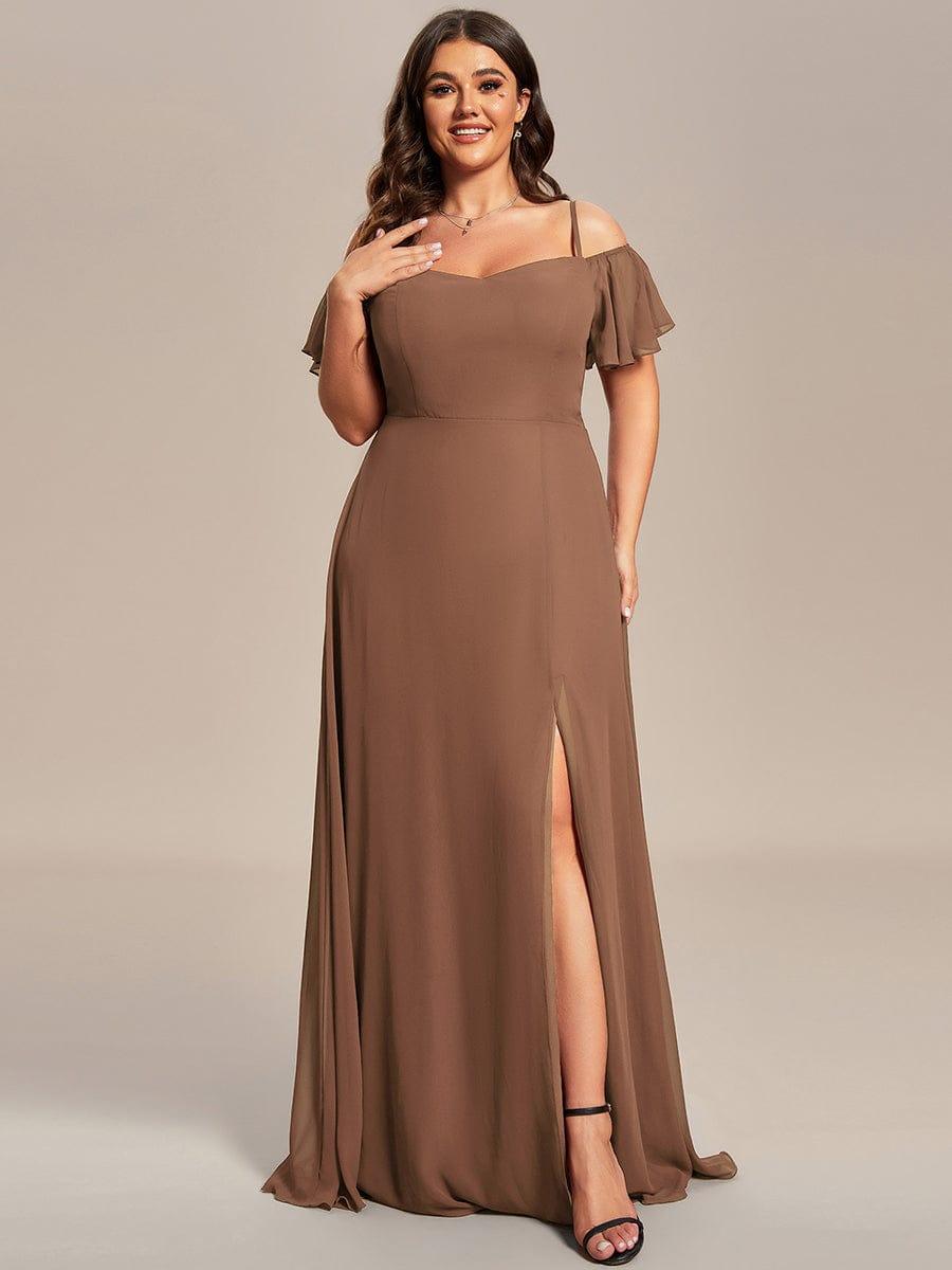 Custom Size Cold Shoulder Formal Bridesmaid Dress with Side Slit #color_Brown