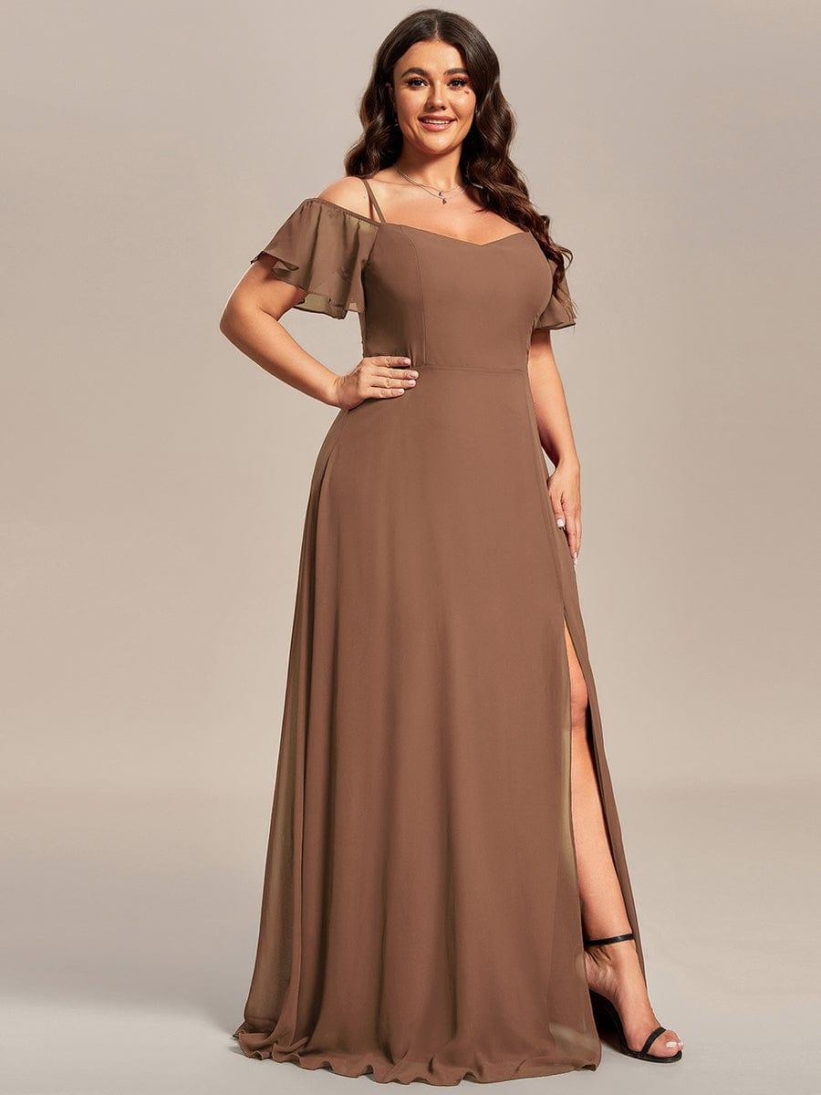 Custom Size Cold Shoulder Formal Bridesmaid Dress with Side Slit #color_Brown