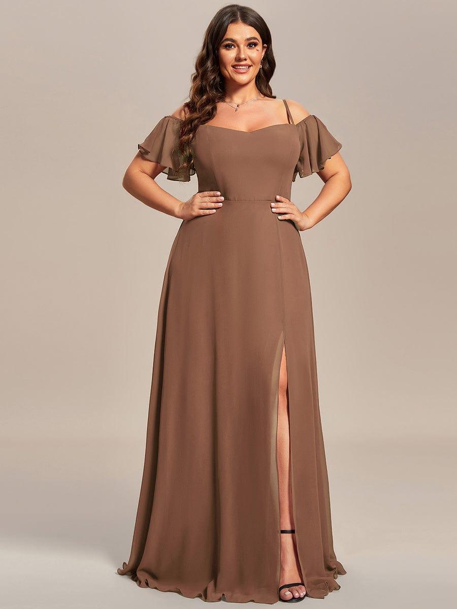 Custom Size Cold Shoulder Formal Bridesmaid Dress with Side Slit #color_Brown