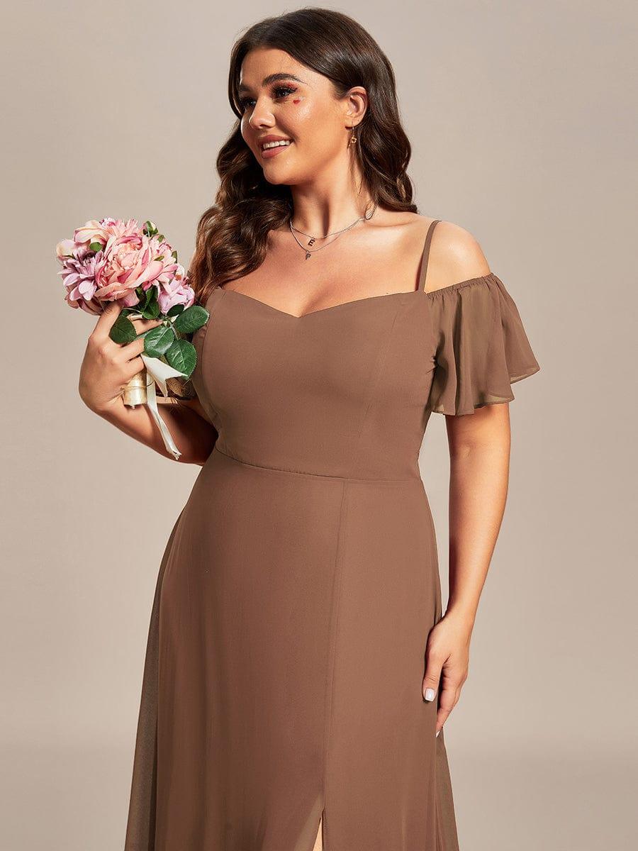 Custom Size Cold Shoulder Formal Bridesmaid Dress with Side Slit #color_Brown