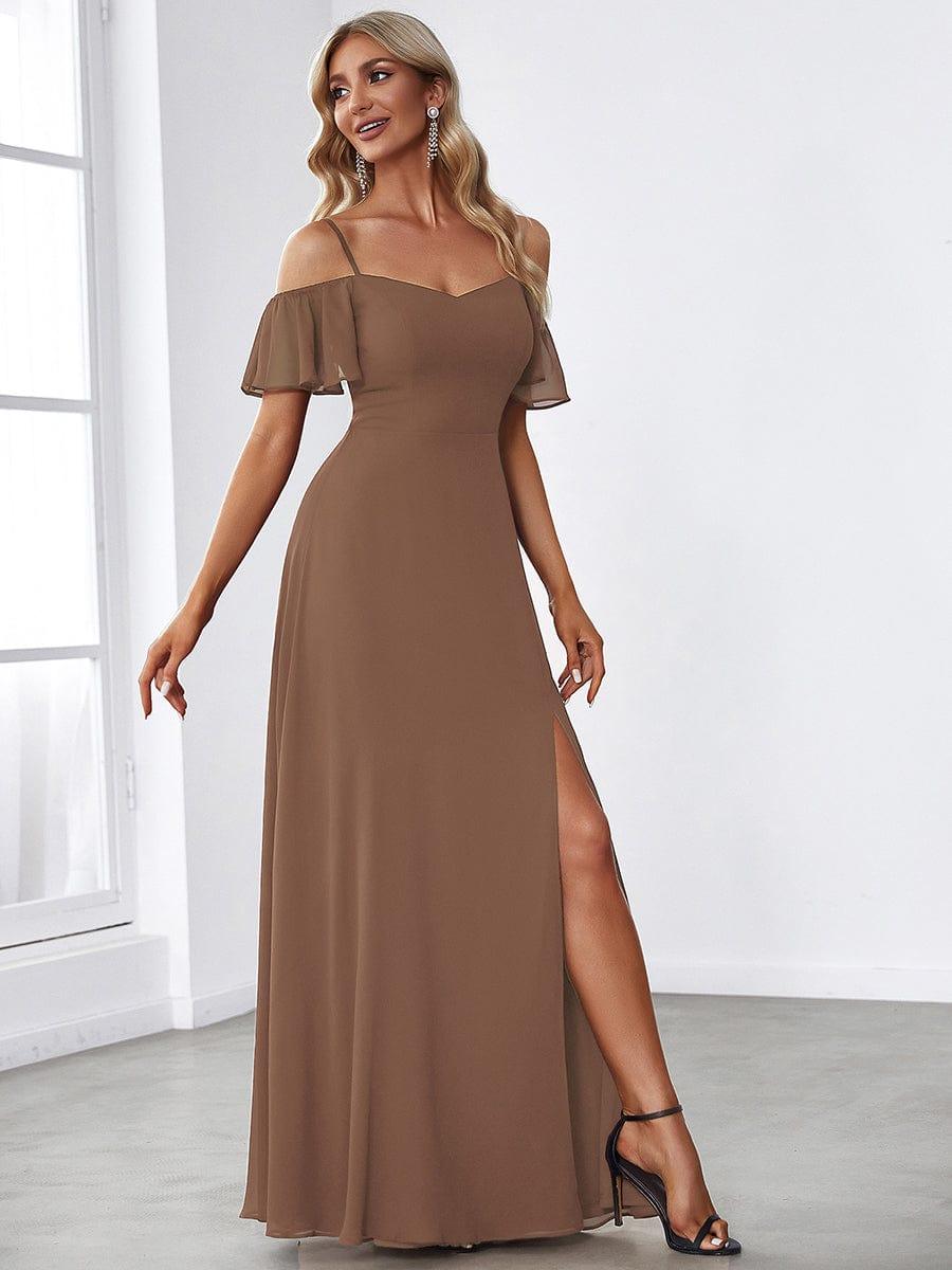 Custom Size Cold Shoulder Formal Bridesmaid Dress with Side Slit #color_Brown