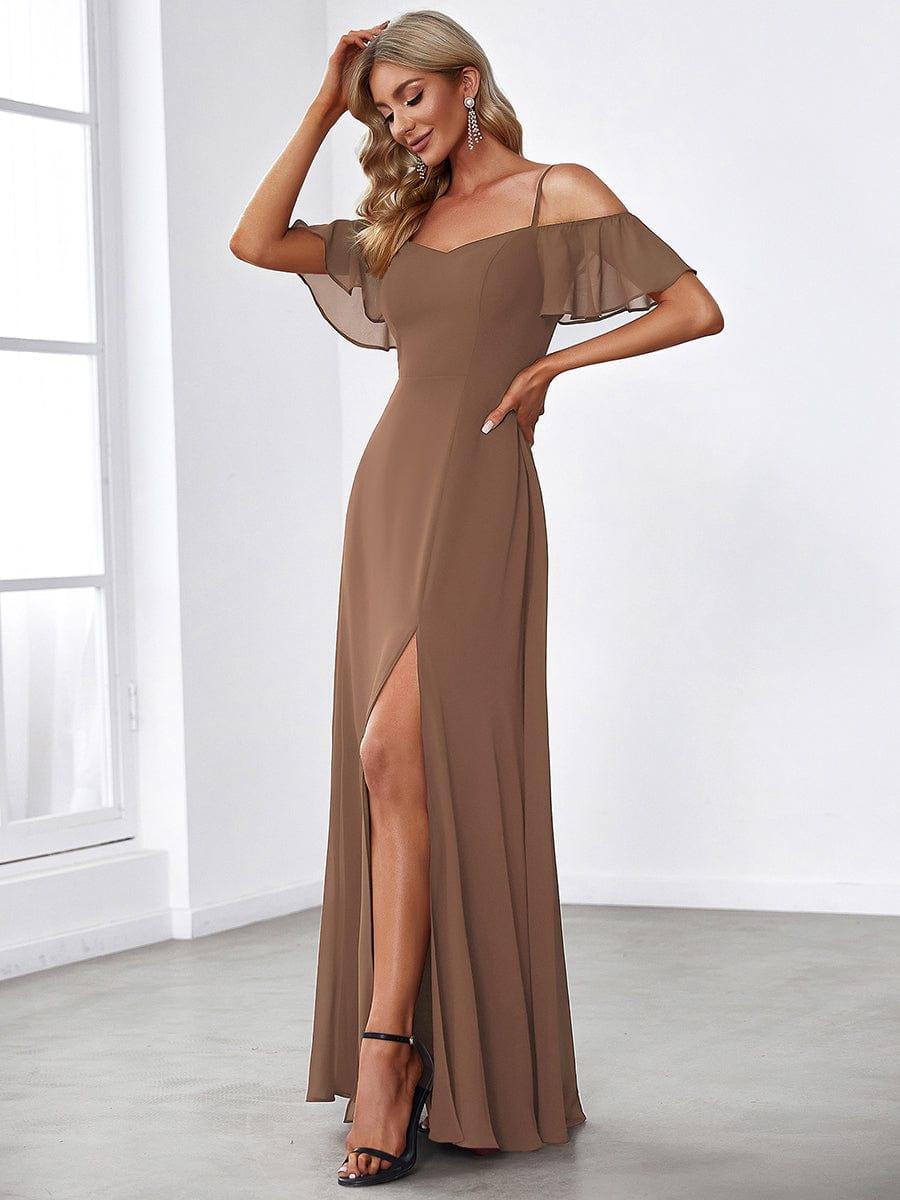 Custom Size Cold Shoulder Formal Bridesmaid Dress with Side Slit #color_Brown