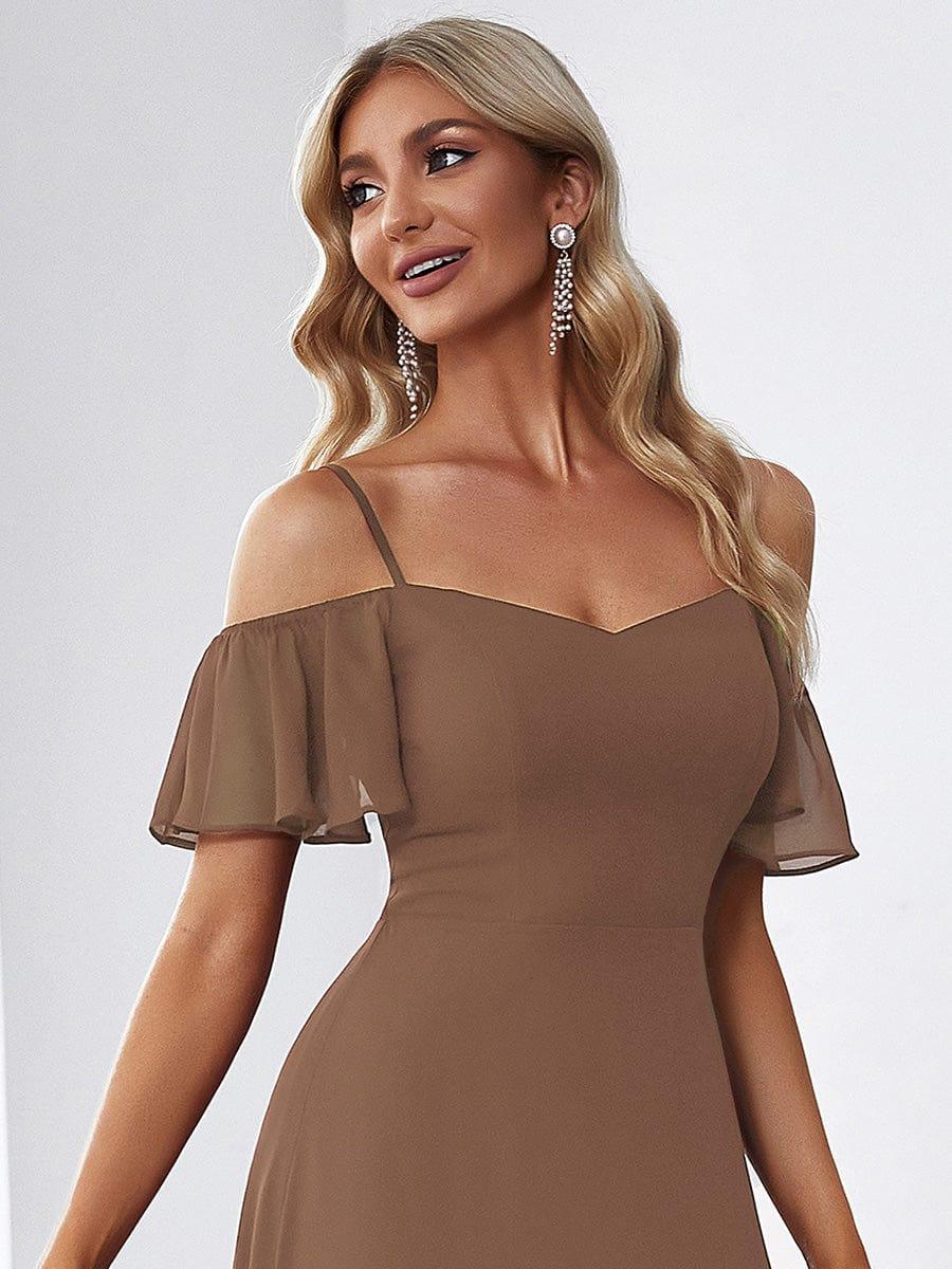 Custom Size Cold Shoulder Formal Bridesmaid Dress with Side Slit #color_Brown