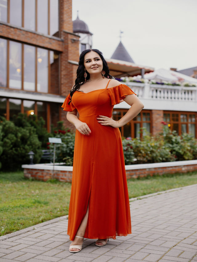 pretty REYA|Plus Size Cold Shoulder Formal Bridesmaid Dress with Side Slit Fan Photos 3
