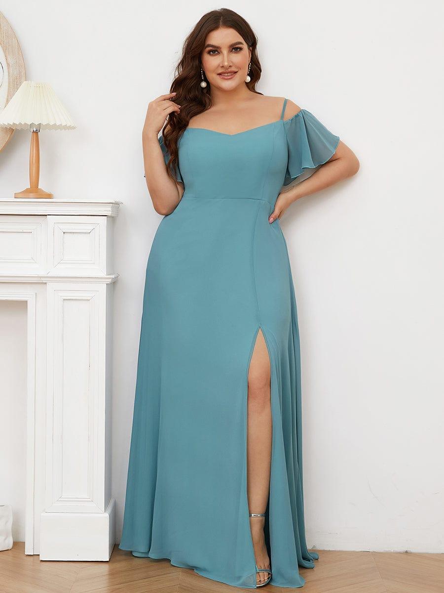Plus Size Cold Shoulder Formal Bridesmaid Dress with Side Slit #color_Light Teal 