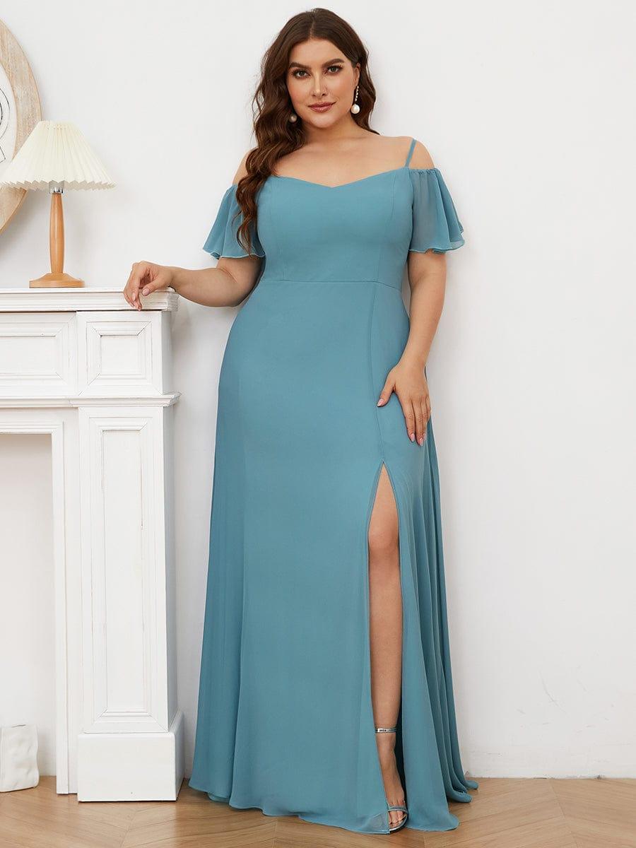 Plus Size Cold Shoulder Formal Bridesmaid Dress with Side Slit #color_Light Teal 