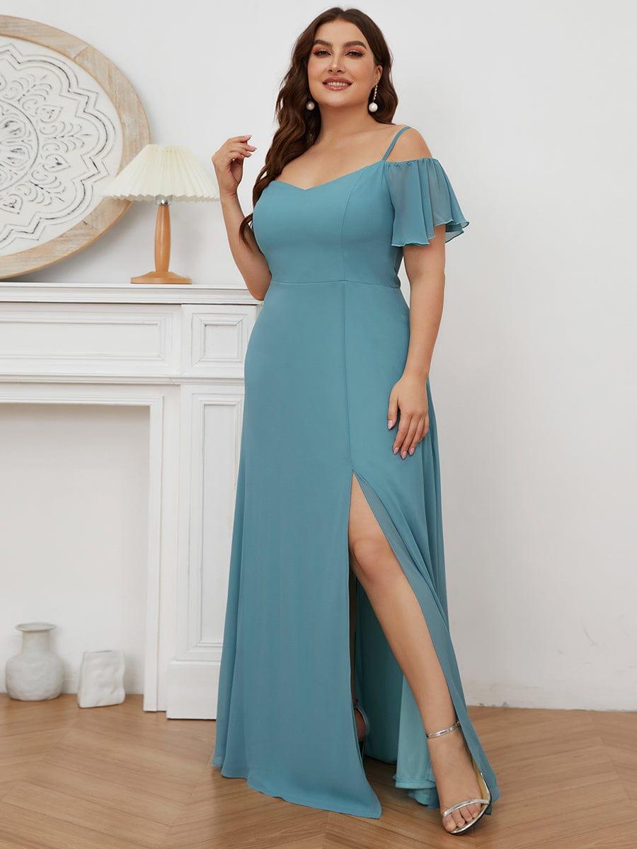 Plus Size Cold Shoulder Formal Bridesmaid Dress with Side Slit #color_Light Teal 