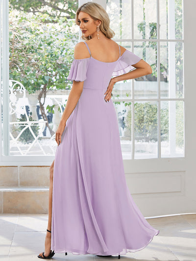 Off Shoulder High Slit Chiffon Flowy Bridesmaid Dress #color_Frosted Lilac