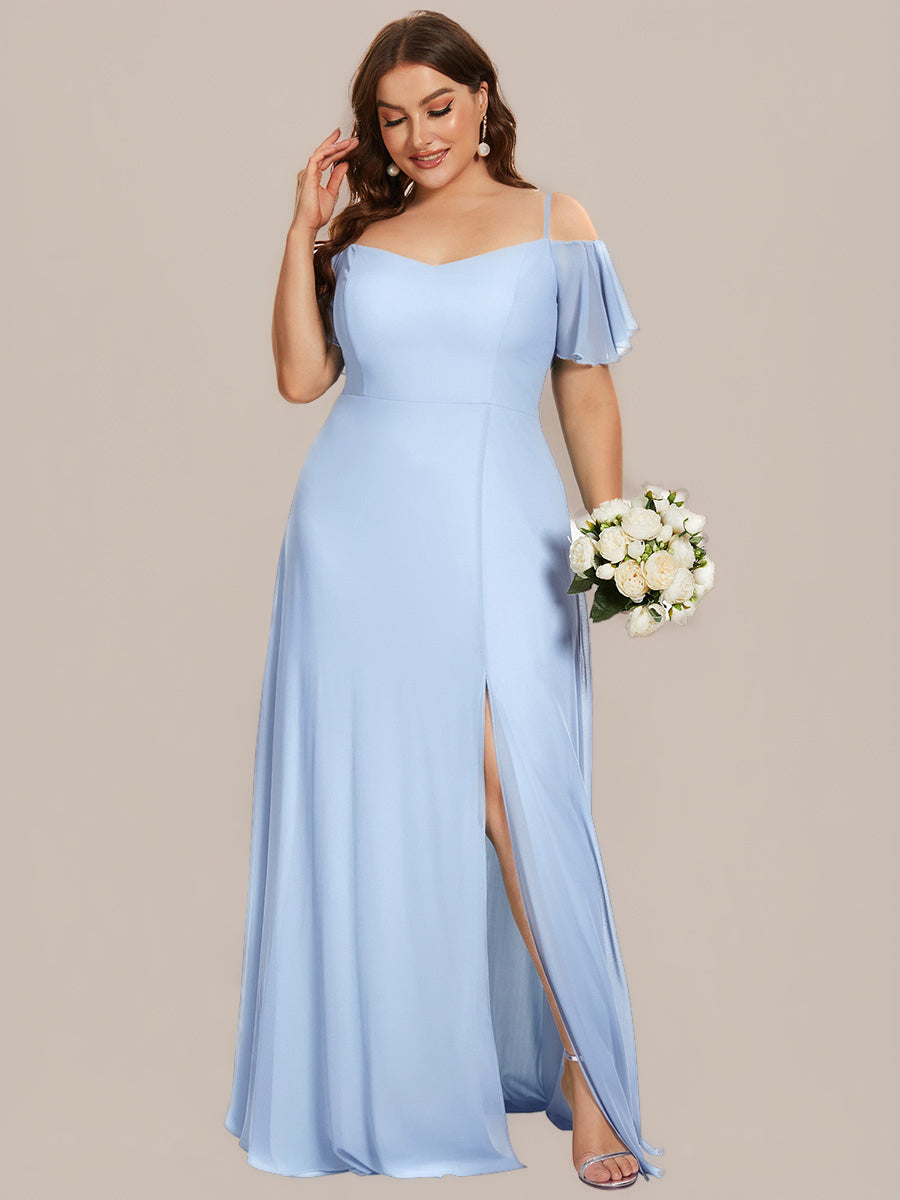 Stylish Cold Shoulder Flare Sleeves Flowy Bridesmaid Dress #color_Ice Blue