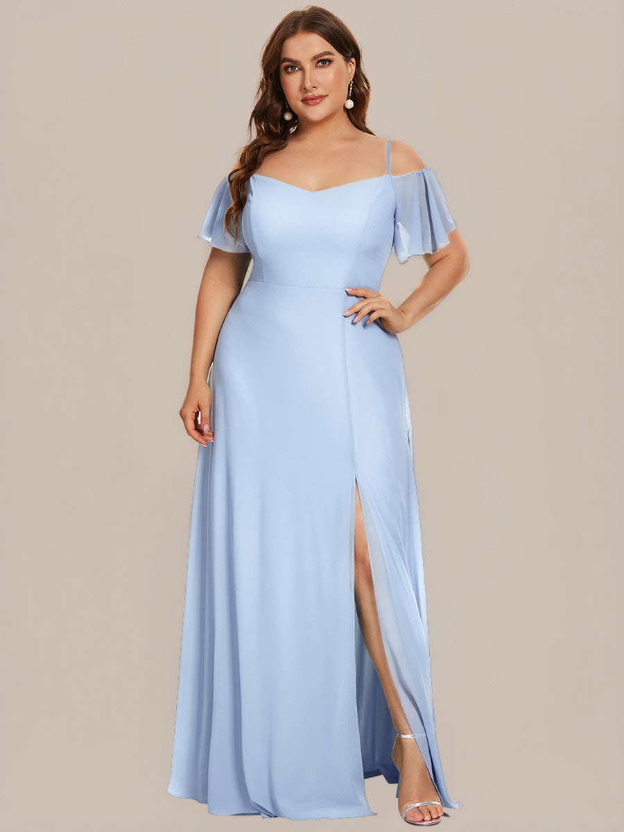 Stylish Cold Shoulder Flare Sleeves Flowy Bridesmaid Dress #color_Ice Blue