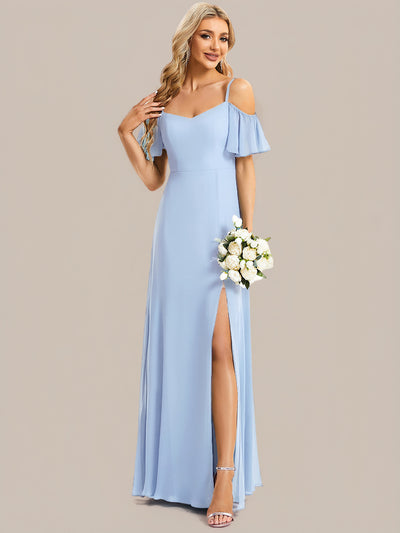 Off Shoulder High Slit Chiffon Flowy Bridesmaid Dress #color_Ice Blue